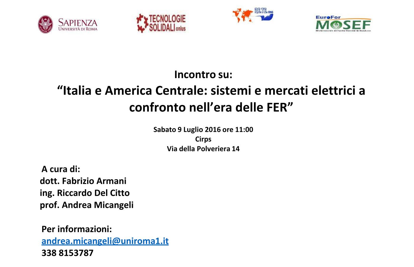 Incontro formativo: “Italia e America Centrale: sistemi e mercati elettrici a confronto nell’era delle FER”.